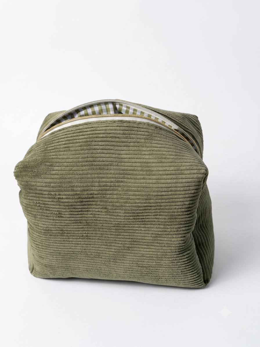 Trousse de toilette (L) - Modèle Côtelé Vert x Carreaux Vichy Vert