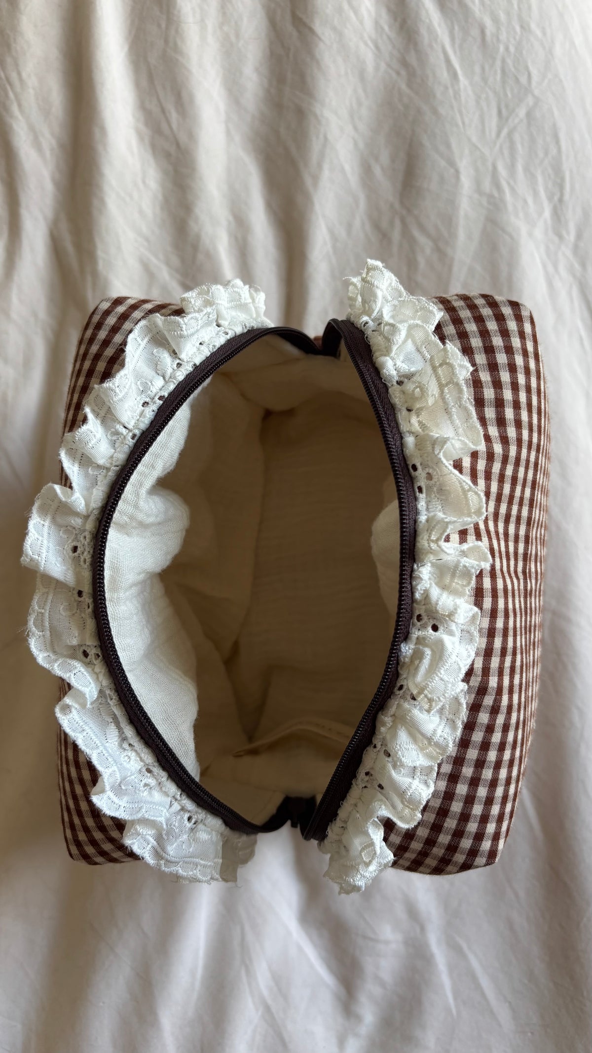 Trousse de toilette (M) - Vichy chocolat /Gaze coton écru