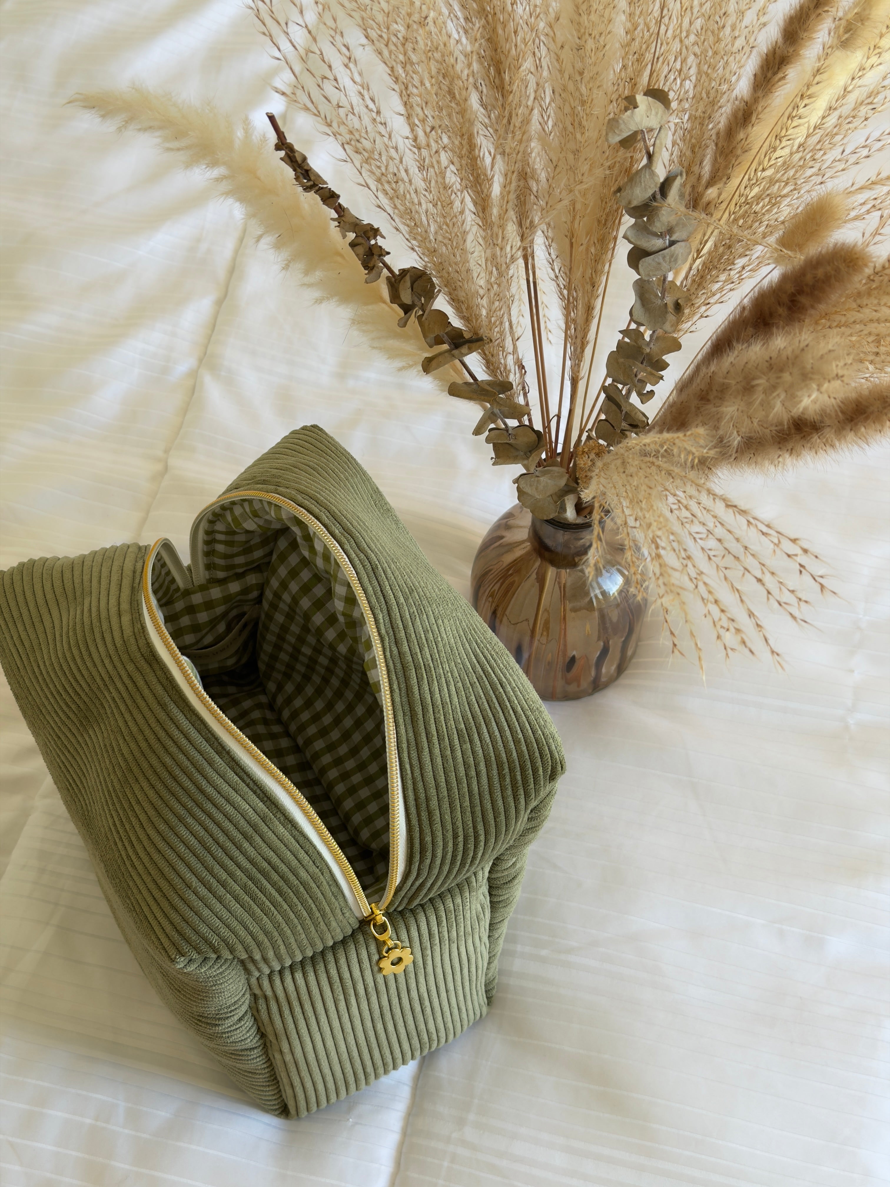 Trousse de toilette (L) - Modèle Côtelé Vert x Carreaux Vichy Vert