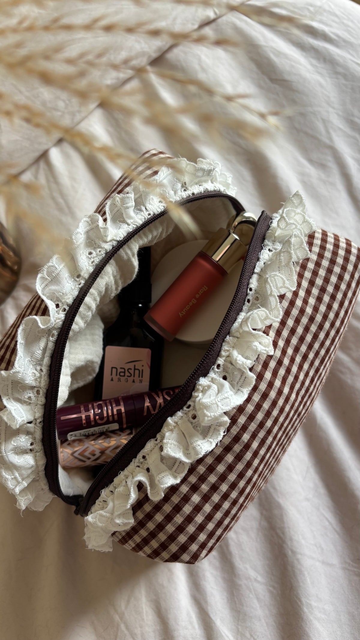 Trousse de toilette (M) - Vichy chocolat /Gaze coton écru