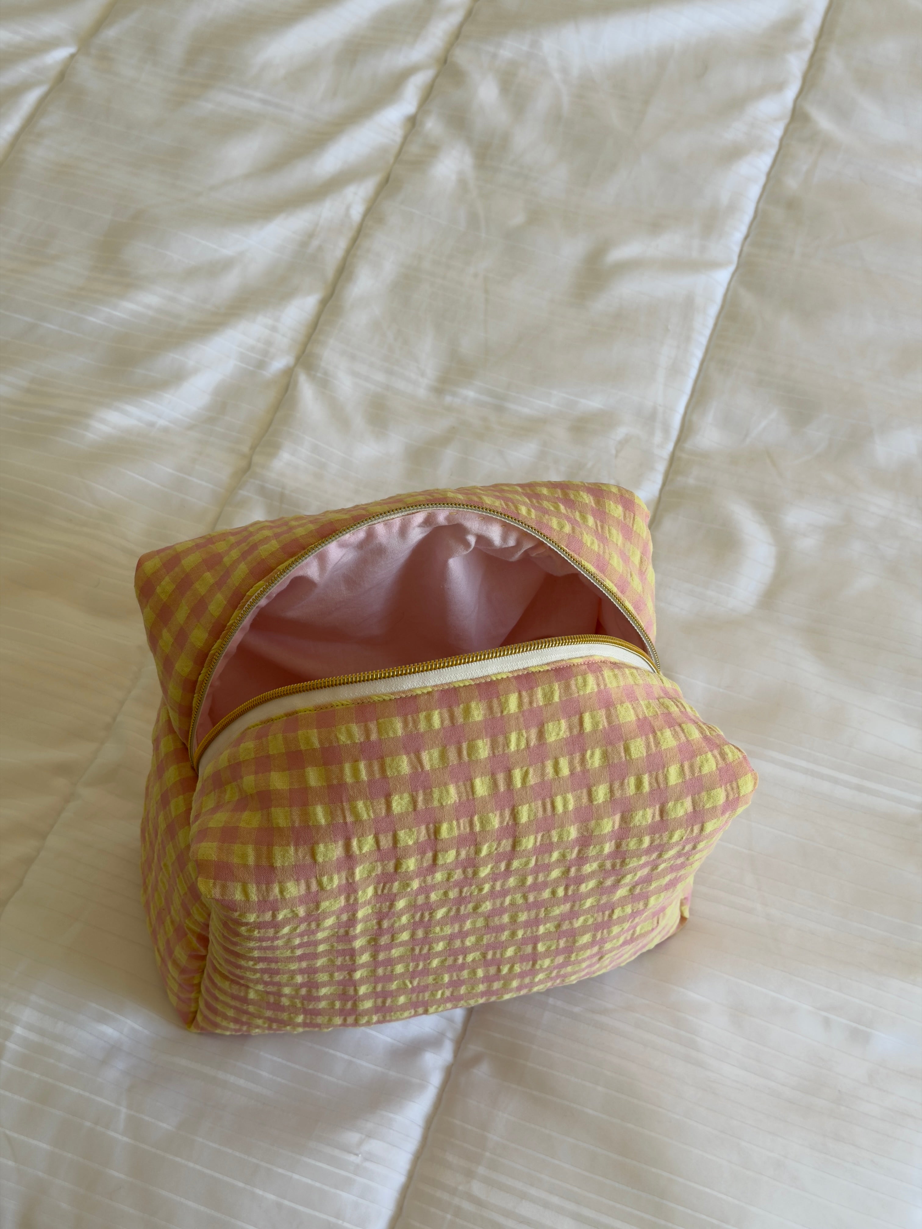 Trousse de toilette (L) - Modèle Vichy Rose/Jaune x Rose Pastel