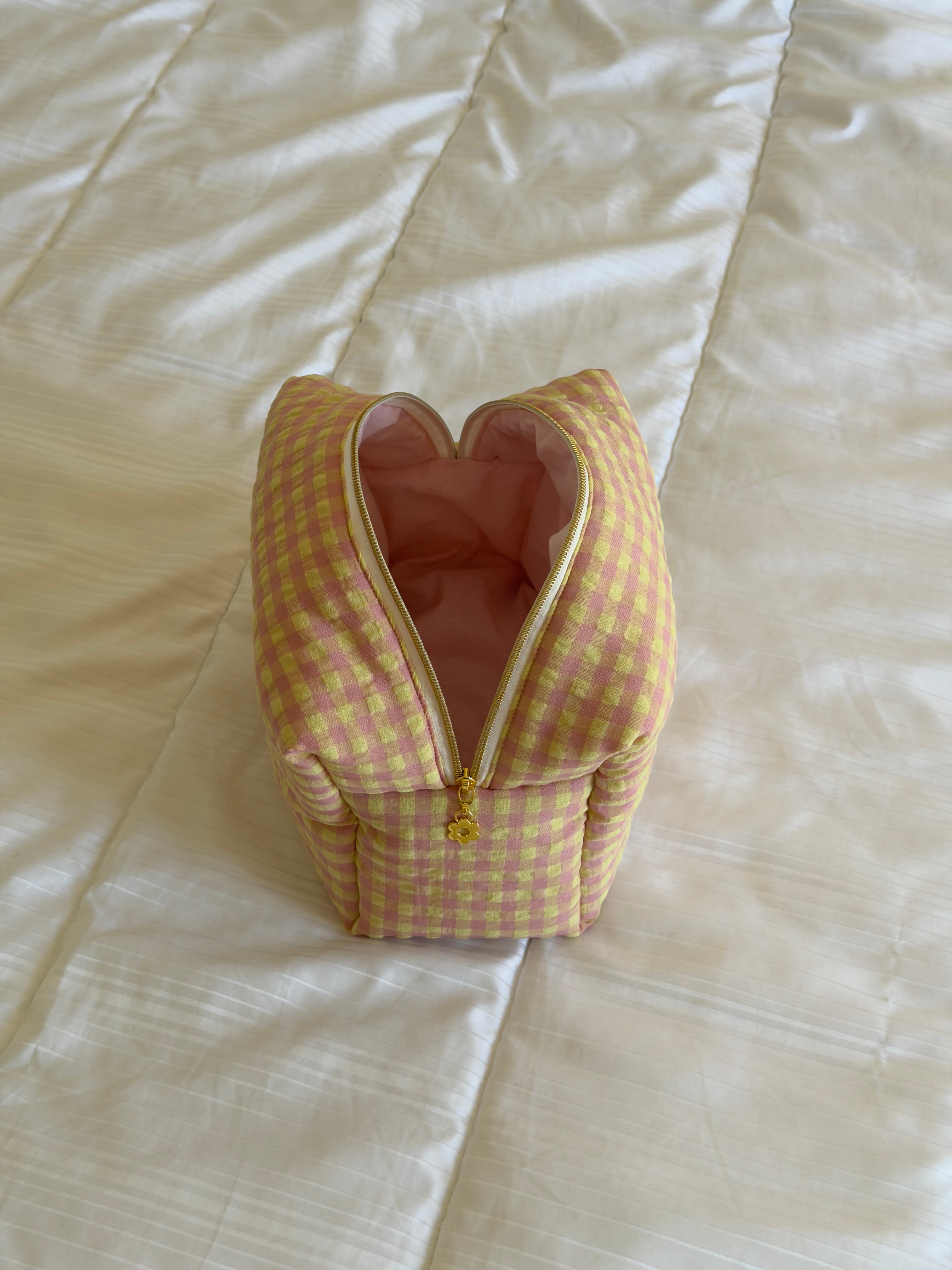 Trousse de toilette (L) - Modèle Vichy Rose/Jaune x Rose Pastel