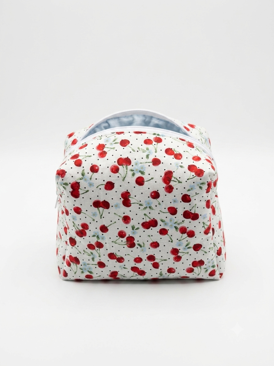Trousse de toilette (M) - Modèle à Motifs Cerises x Bleu Pastel