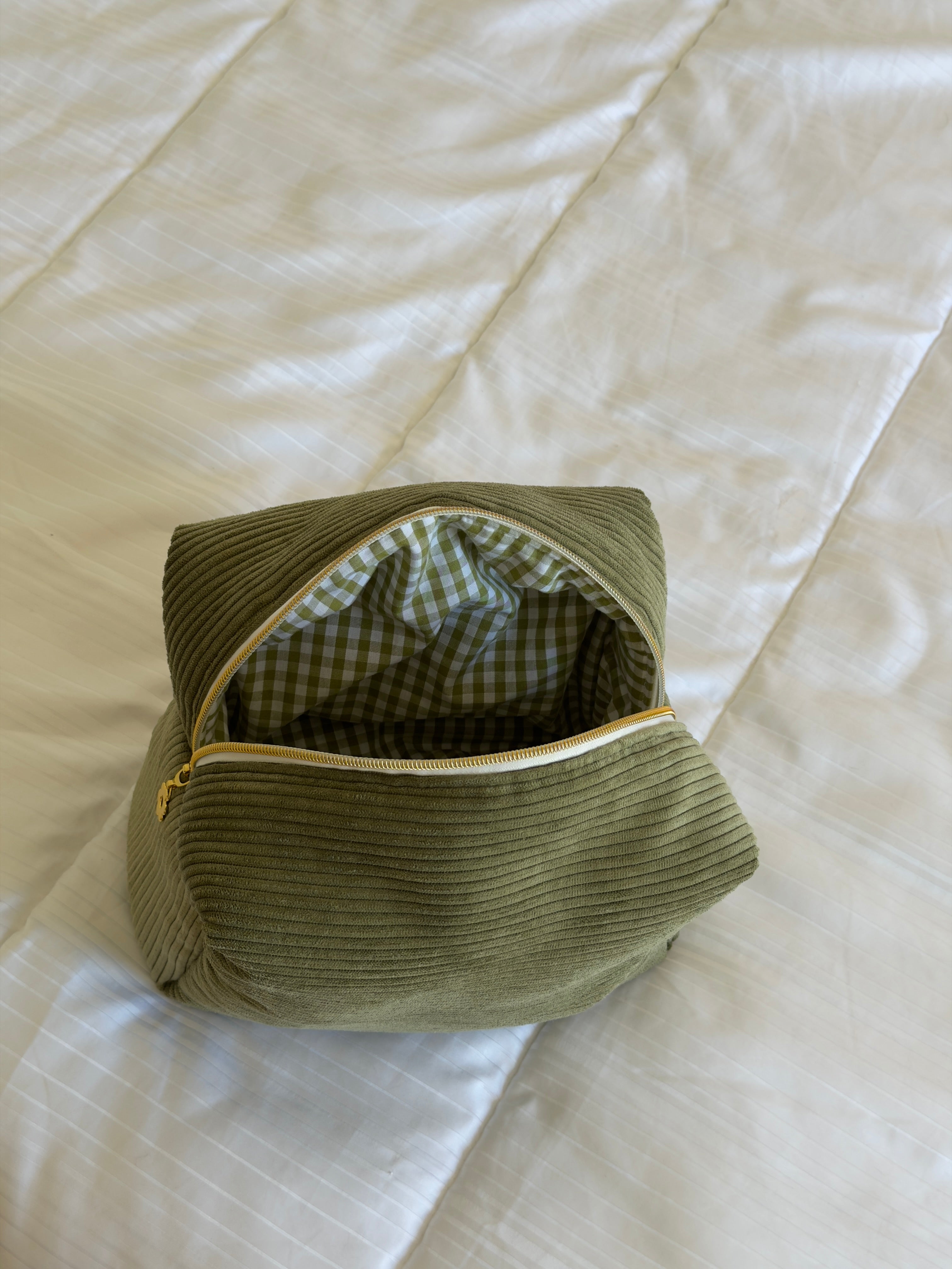 Trousse de toilette (L) - Modèle Côtelé Vert x Carreaux Vichy Vert