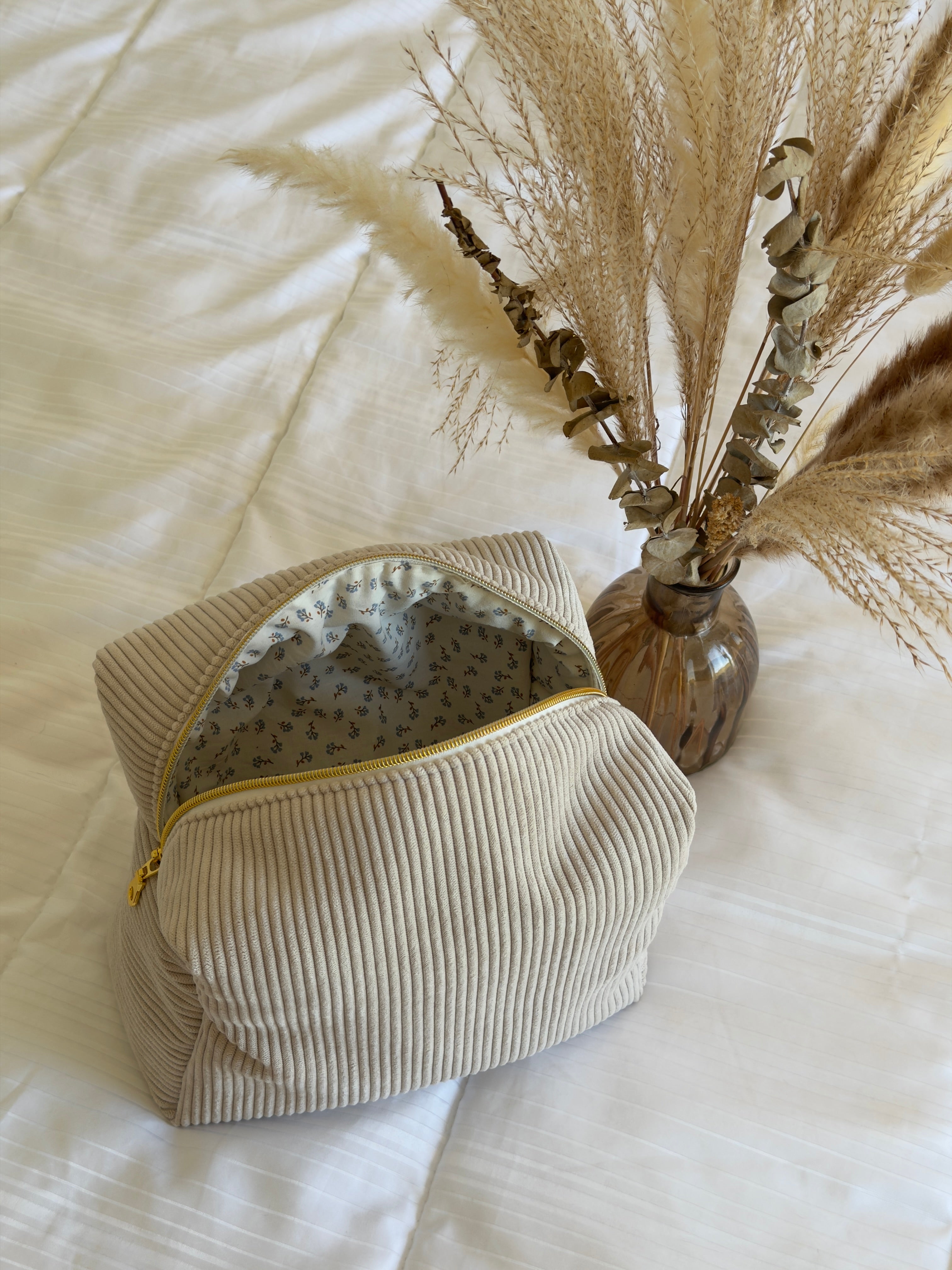 Trousse de toilette (L) - Modèle Côtelé Beige x Floral
