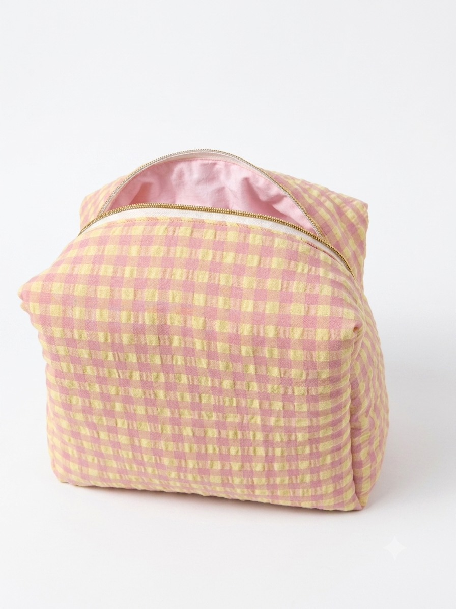 Trousse de toilette (L) - Modèle Vichy Rose/Jaune x Rose Pastel