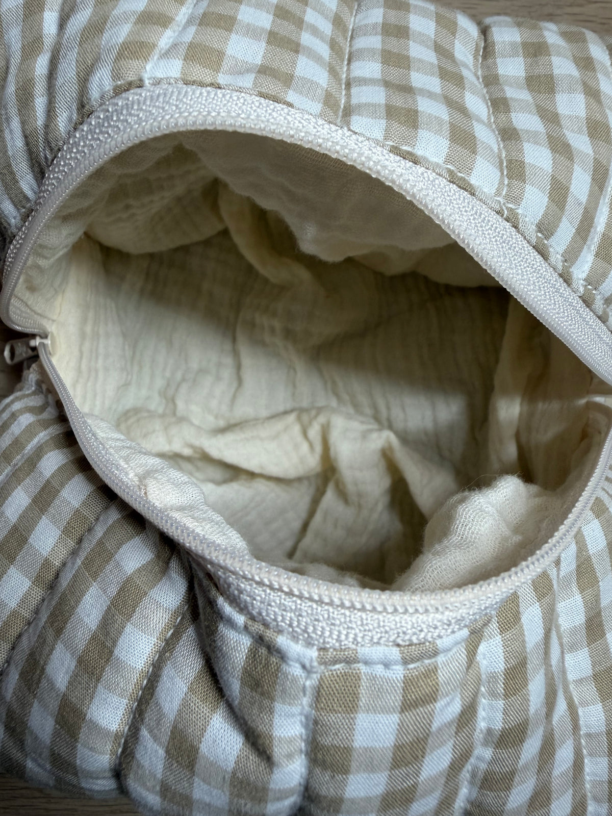 Trousse de maquillage (S) - Modèle Vichy Beige I Blanc x Gaze de coton clair